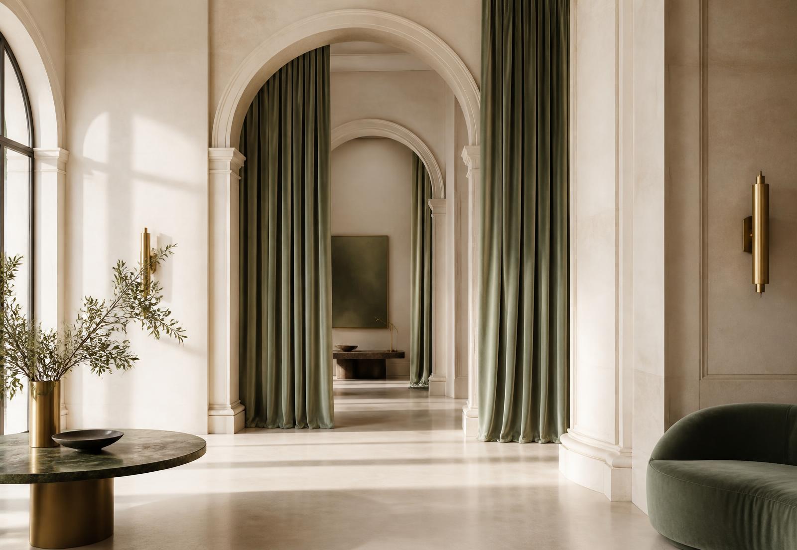 Muses 9 Designs architecture, sunlit classical interior with sage drapery